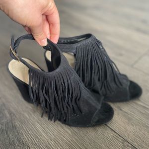 Vince Camuto black suede fringe heals, peep toe. Size 7.5.